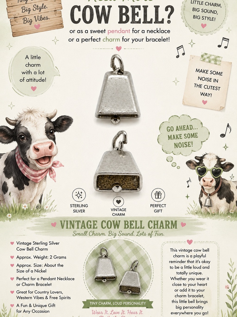 Vintage Cow Bell Charm Sterling Silver Pendant - Silver